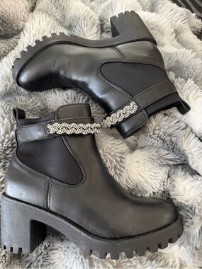 Marc Fisher Black Platform Ankle Boots with Braided Rhinestone Strap $18